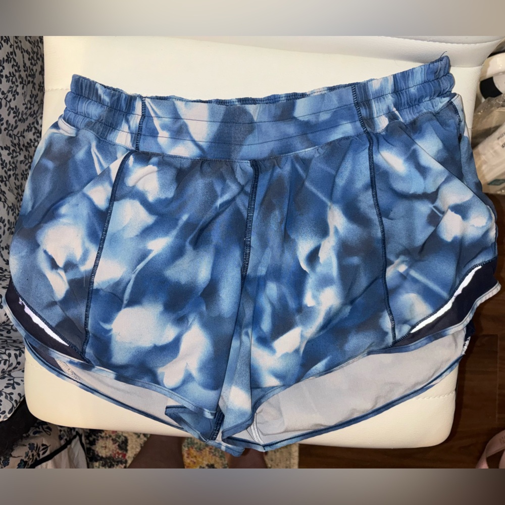 Blue watercolor hotty hot lululemon shorts